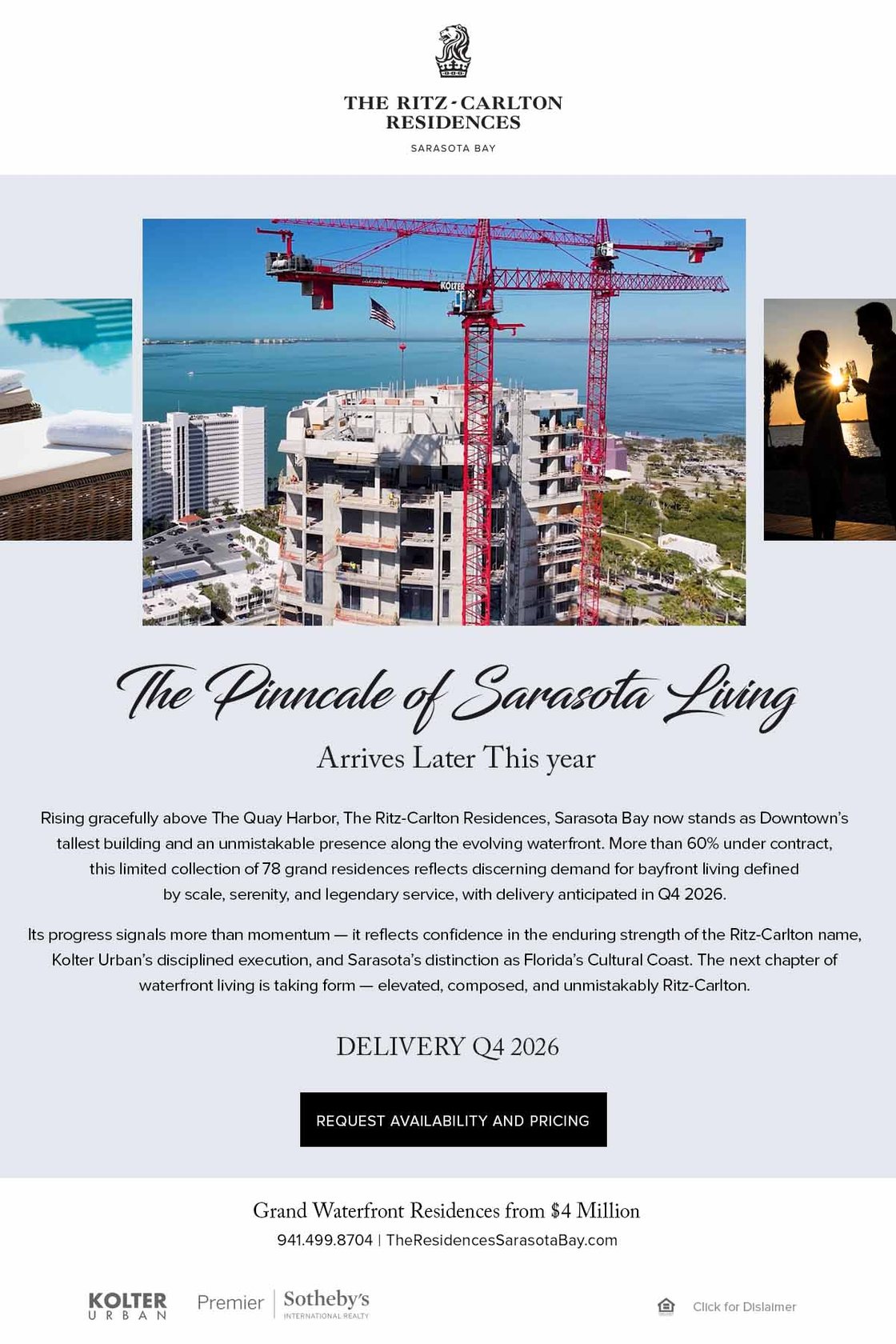 The Ritz-Carlton Residences, Sarasota Bay is now more than 60% sold. With construction topped out and delivery on schedule for Q4 2026, the waterfront community is defined by the strength of the Ritz-Carlton brand and the disciplined execution of Kolter Urban.
