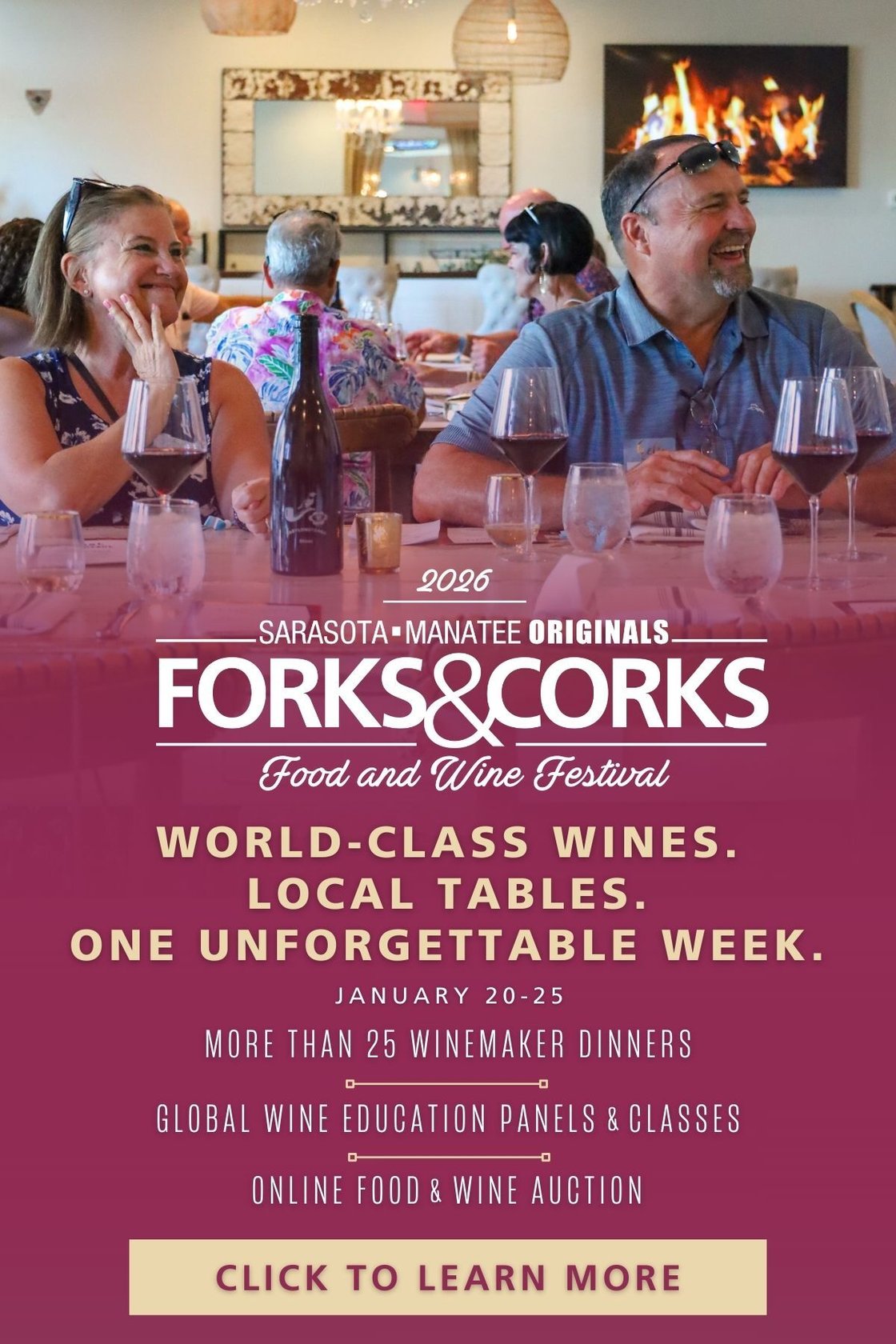 Celebrate Forks & Corks with Winemaker Dinners across the Suncoast and the Online Food & Wine Auction, offering rare wines and exclusive experiences that support Sarasota-Manatee Originals' local, independent restaurants.