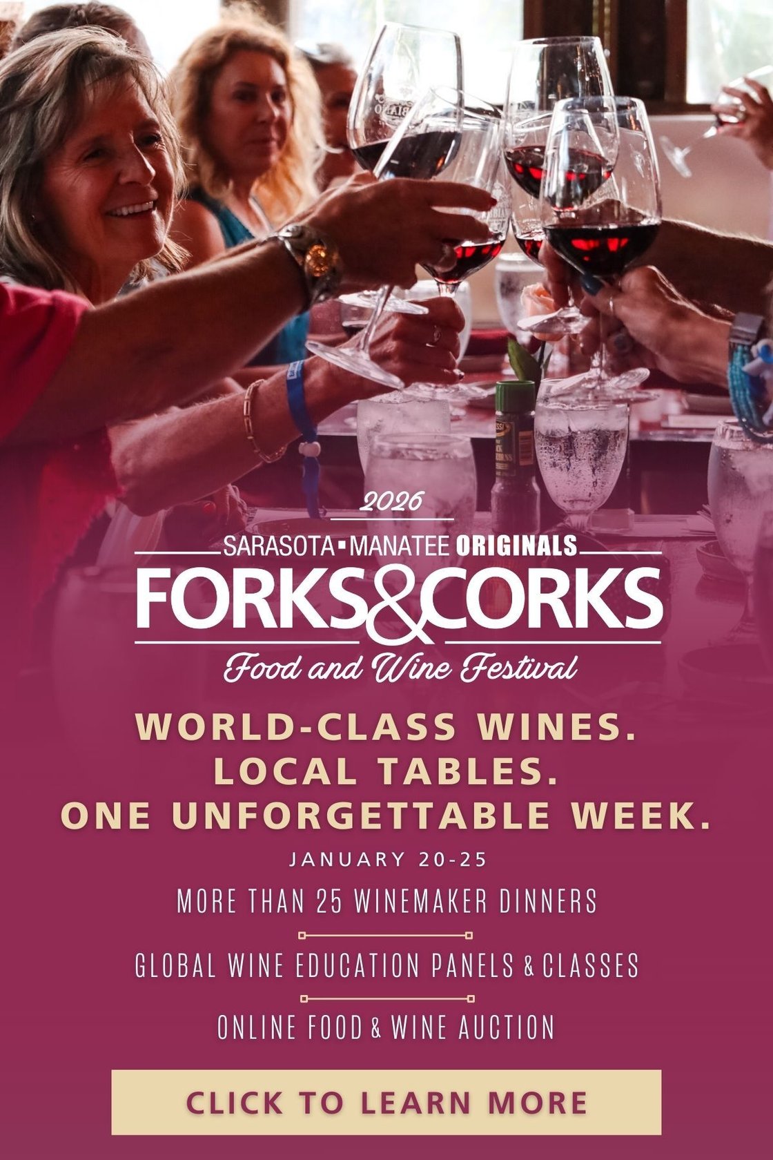 Celebrate Forks & Corks with Winemaker Dinners across the Suncoast and the Online Food & Wine Auction, offering rare wines and exclusive experiences that support Sarasota-Manatee Originals' local, independent restaurants.