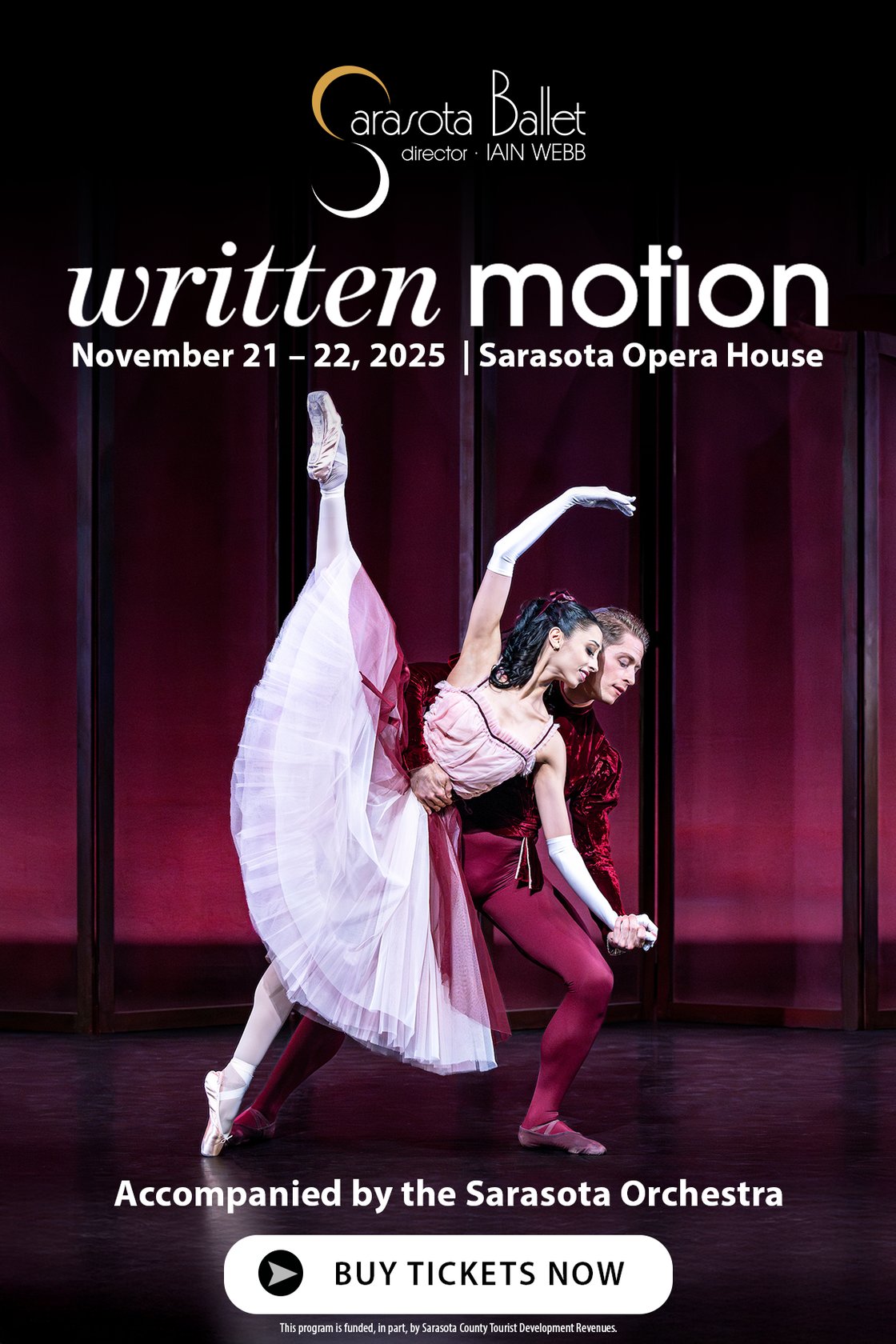 ncers from The Sarasota Ballet perform expressive choreography from Program 2: Written Motion, captured mid-movement under dramatic stage lighting, evoking emotion and elegance.