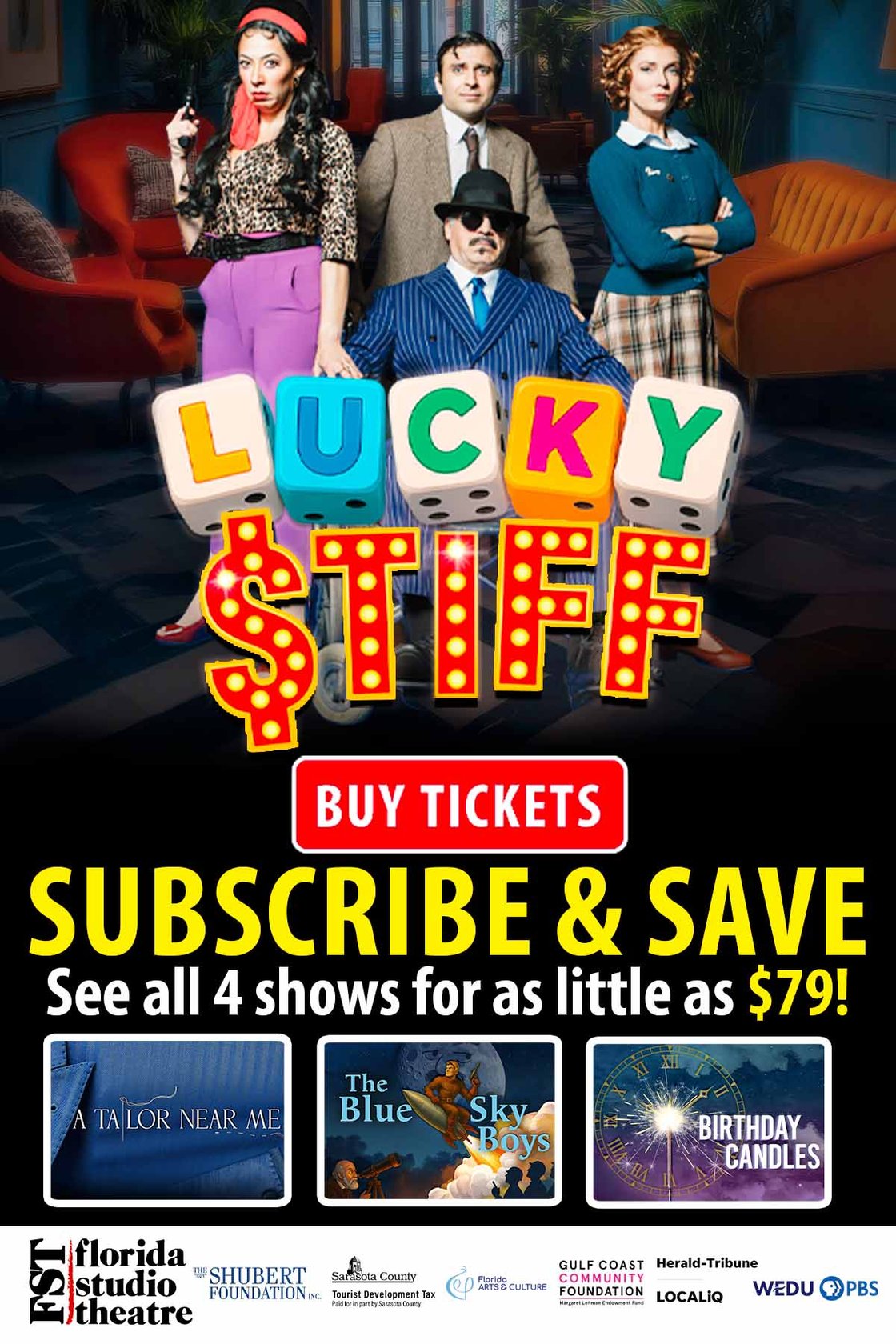 Get ready for a killer comedy! Mistaken identities, missing diamonds, and one very dead uncle on a European vacation. What could possibly go wrong? Join us for a madcap murder mystery full of laughs, suspense, and six million reasons to stay alive.