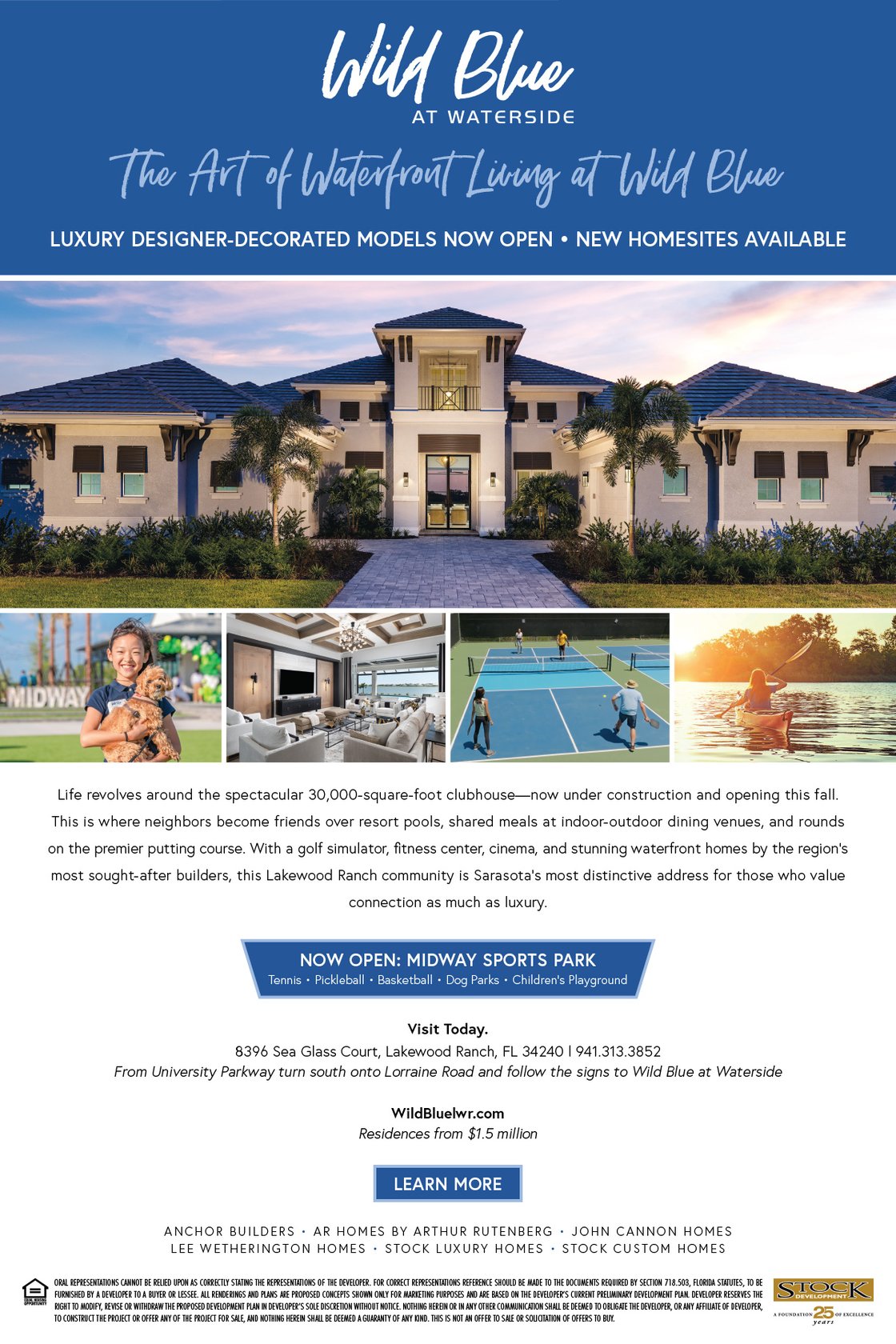 Luxury waterfront living at Wild Blue at Waterside in Lakewood Ranch, featuring designer-decorated model homes, new homesites, and the Midway Sports Park with tennis, pickleball, dog parks, and family-friendly amenities.