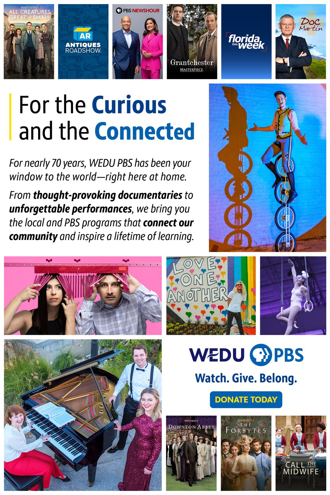 Collage-style WEDU PBS ad featuring PBS show posters and local arts photos, including performers, a mural and musicians. Headline: “For the Curious and the Connected.” Text celebrates nearly 70 years of inspiring lifelong learning.
