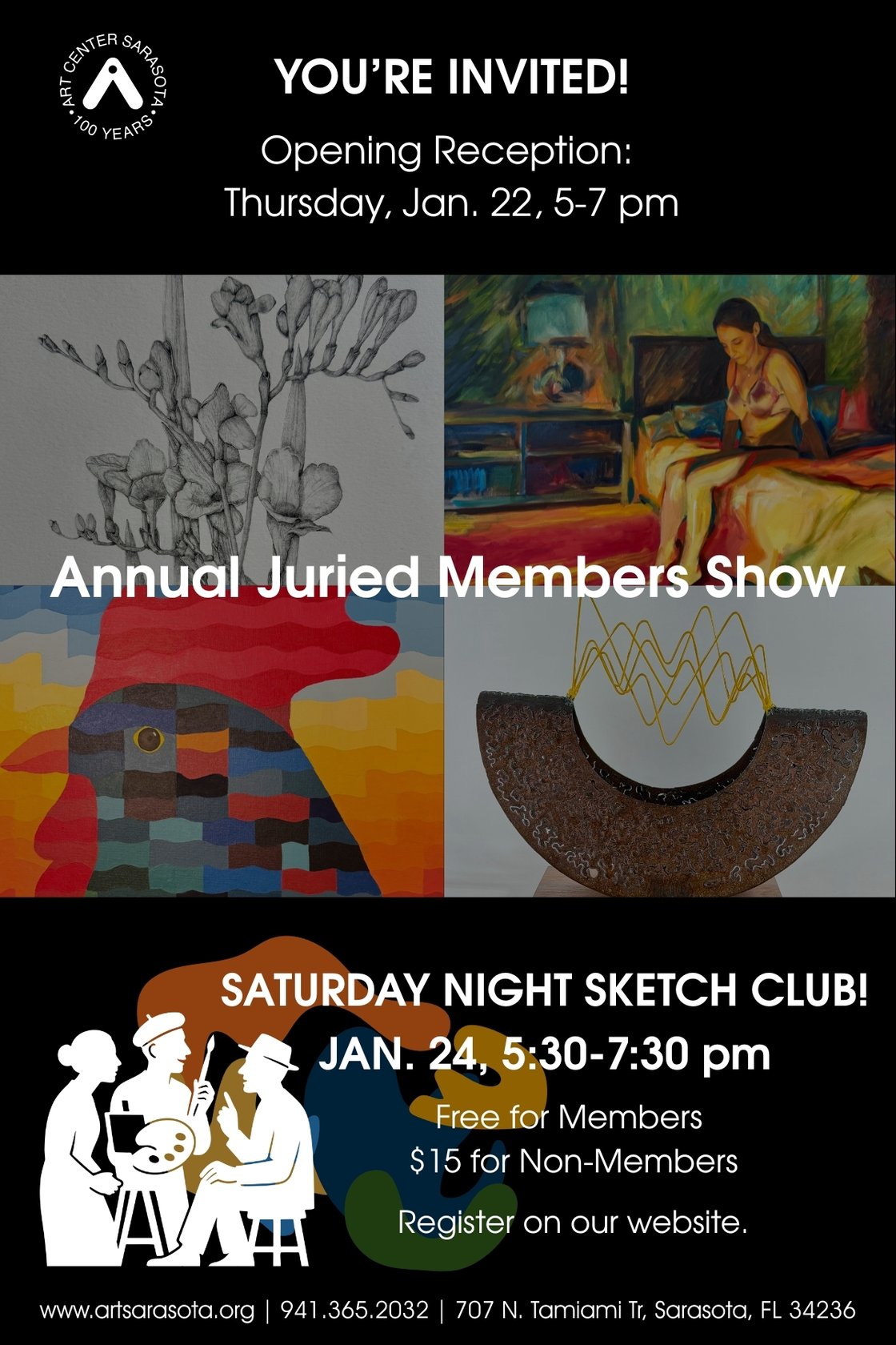 Art Center Sarasota presents exciting upcoming events. You are invited to the opening reception of the Annual Juried Members show on Thursday, Jan. 22, from 5-7 pm. Join us on Saturday, Jan. 24, from 5:30-7:30 pm for our evening Sketch Club!