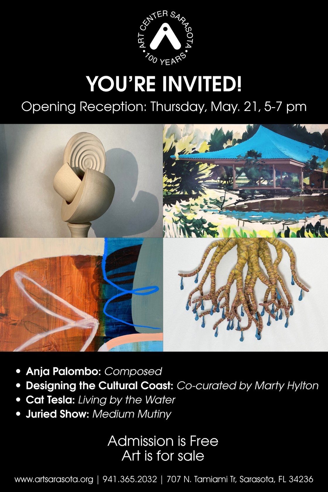 Art Center Sarasota invites you to the Opening Reception of our four new exhibitions: Anja Palombo, Cat Tesla, Designing the Cultural Coast, and Medium Mutiny. When?: Thursday, May 21, 5-7 pm at 707 N. Tamiami Tr. Free admission; art is for sale.