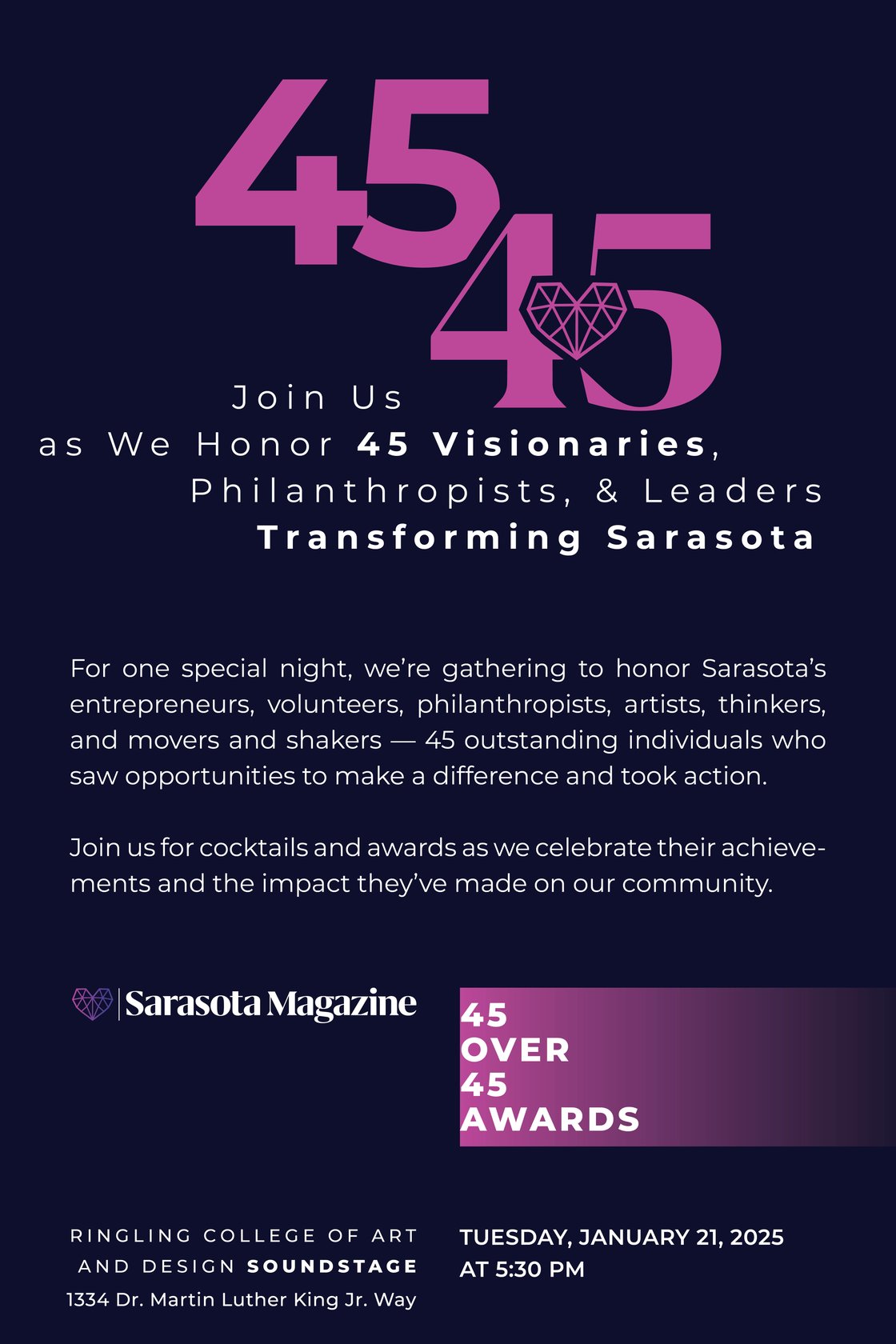 Event poster for "45 Over 45 Awards" by Sarasota Magazine, honoring local visionaries and leaders. Event at Ringling College, January 21, 2025, at 5:30 PM.