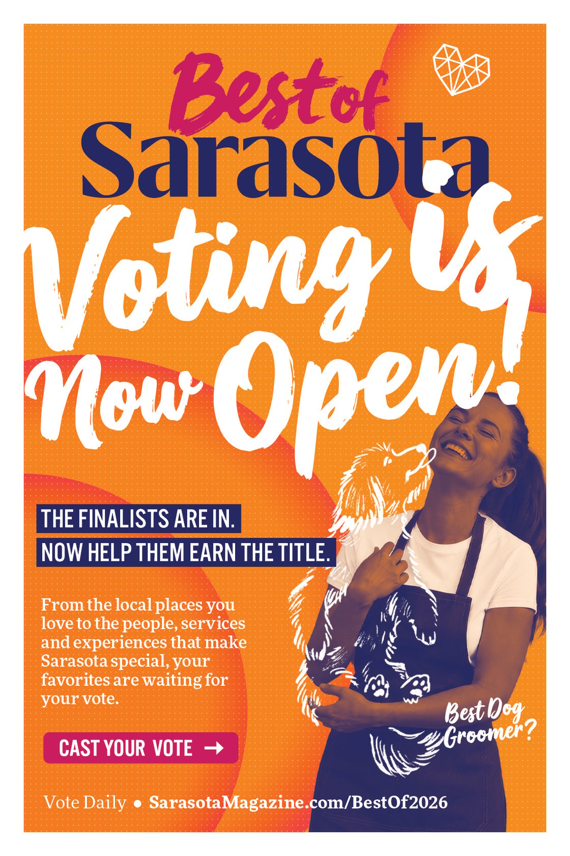 Best of Sarasota 2026 promotional graphic announcing that voting is now open. The headline reads "Voting Is Now Open!" with supporting text encouraging readers to help finalists earn the title by casting their vote. A smiling dog groomer holding a dog appears alongside a "Cast Your Vote" button and the website SarasotaMagazine.com/BestOf2026.