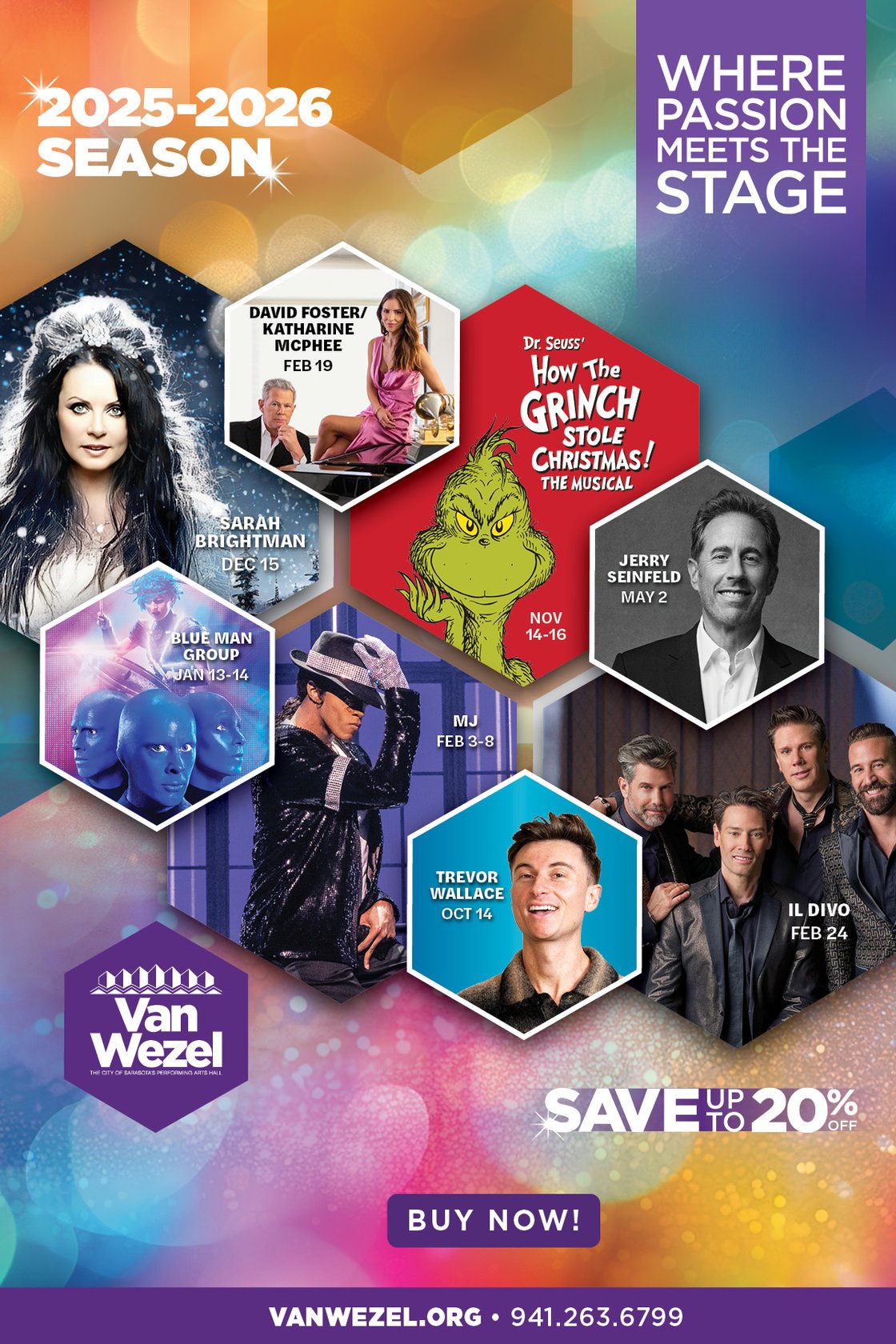 The Van Wezel Performing Arts Hall proudly unveils its 2025–2026 season lineup, filled with Broadway favorites, legendary concerts, comedy, and family entertainment. Headlining the Broadway season are the Sarasota premieres of MJ, A Beautiful Noise, TINA – The Tina Turner Musical, Some Like It Hot, Mrs. Doubtfire, and Mark Twain Tonight starring Richard Thomas, alongside classics like The Book of Mormon and The Music Man. Comedy highlights include viral sensation Trevor Wallace and iconic stand-up Jerry Seinfeld, plus more comedians to be announced. Musical offerings span generations, from The Doo Wop Project and Neil Berg’s 50 Years of Rock ‘n’ Roll to Paul Anka, Chris Botti, David Foster with Katharine McPhee, Il Divo by Candlelight, and the legendary soprano Renée Fleming with her program Voice of Nature. Rock and tribute fans will enjoy Revisiting Creedence, Stayin’ Alive – A Bee Gees Tribute, Get the Led Out, and Twilight in Concert. Holiday celebrations return with How the Grinch Stole Christmas! The Musical, Cirque Musica Holiday Wonderland, Straight No Chaser, Dave Koz and Friends, and the New Year’s tradition, Salute to Vienna. Family favorites include Wheel of Fortune LIVE!, The Price Is Right Live!, Haunted Illusions, and Mutts Gone Nuts – Unleashed. Tickets for shows are on sale now at VanWezel.org.