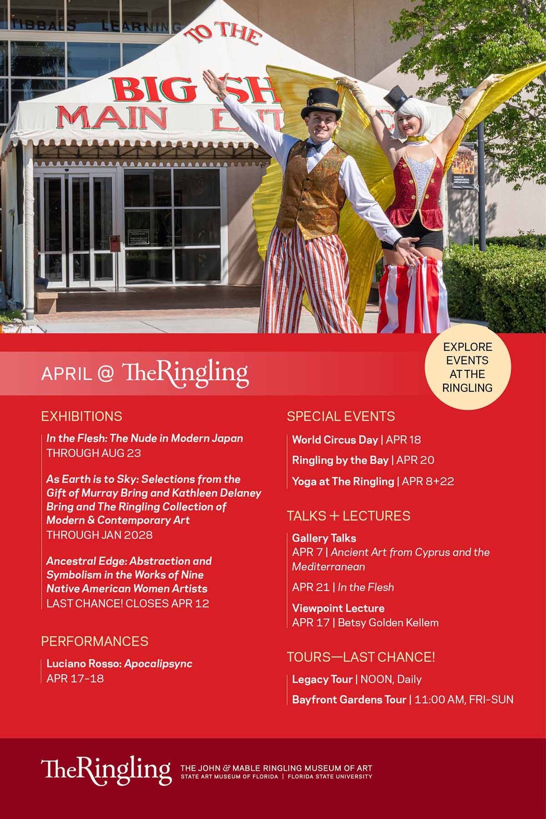 April events at The Ringling including live music, performances, and art exhibitions in Sarasota, Florida. Circus performers posing in front of the Circus Museum on World Circus Day.