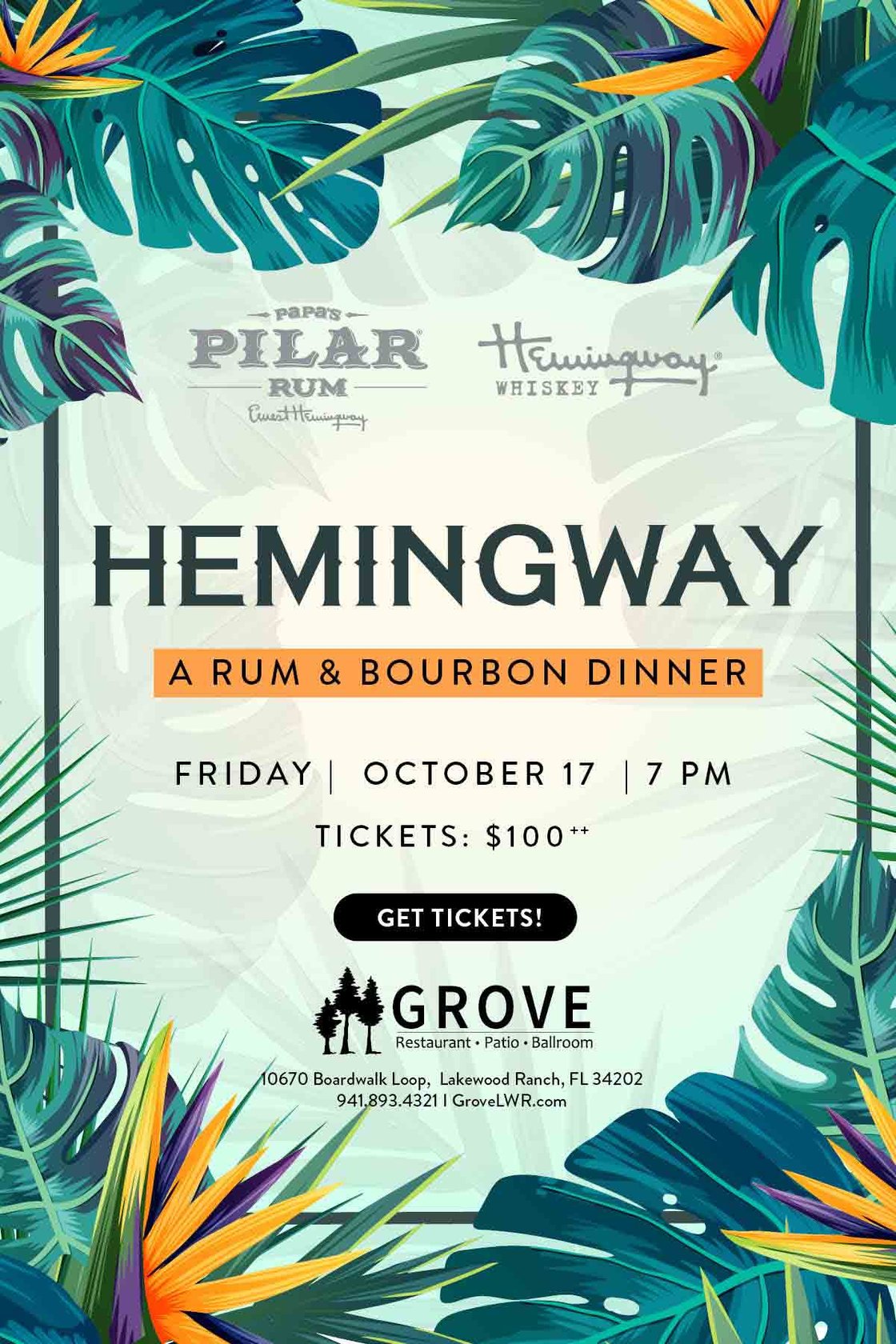 Hemingway: A Rum & Bourbon Dinner on 10/17 at 7 PM. Enjoy a five-course menu paired with Papa’s Pilar rums and Hemingway Rye in a Key West–inspired setting. Tickets $100 plus tax & service fee. Doors at 6:30 PM, reception at 6:45 PM in the Grove Ballroom.