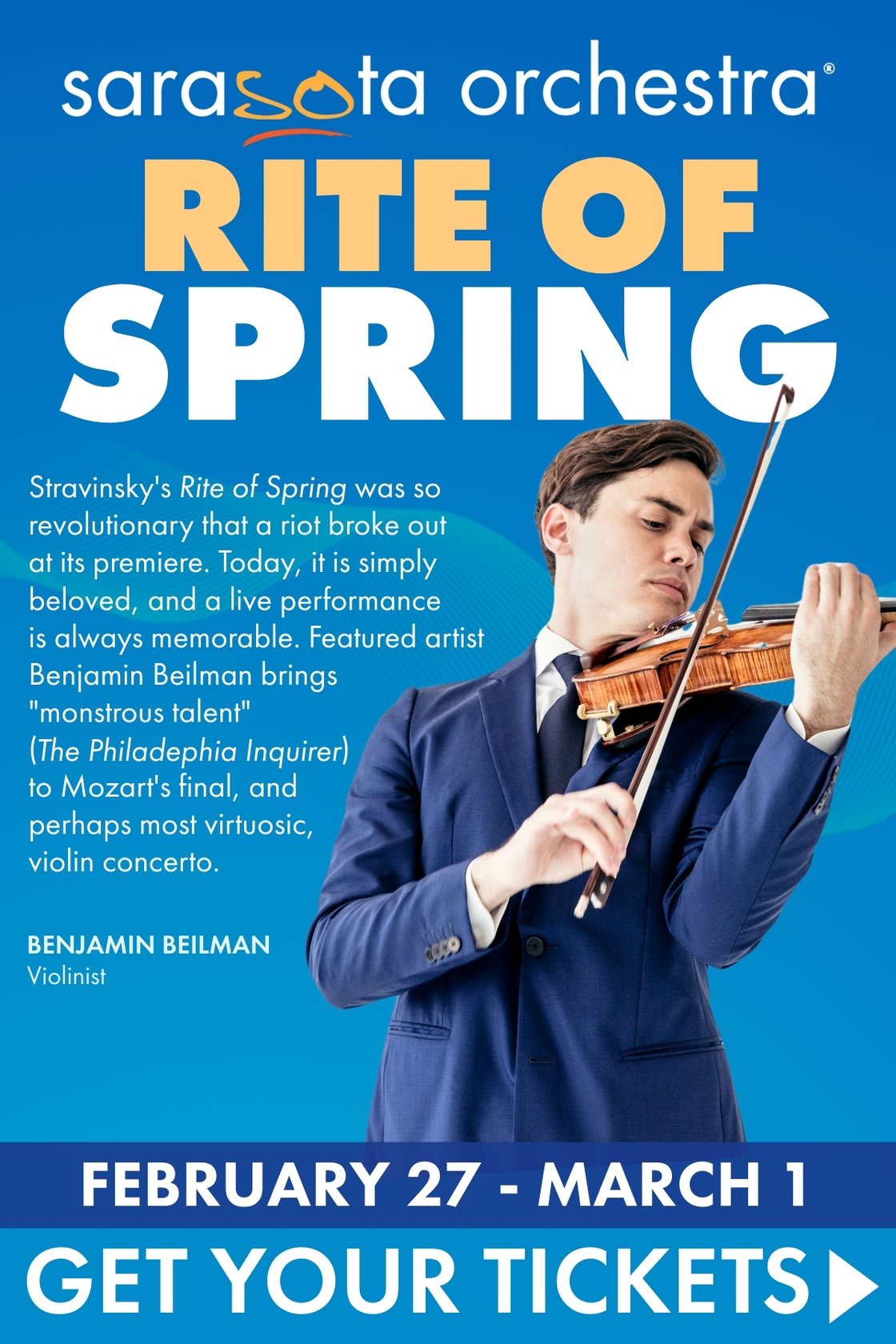 Sarasota Orchestra presents Masterworks: Rite of Spring. Featuring Stravinsky’s Rite of Spring led by Giancarlo Guerrero. Benjamin Beilman performs Mozart’s Violin Concerto No. 5. Feb. 12-15 at 30 at Van Wezel and Neel PAC. Tickets: SarasotaOrchestra.org