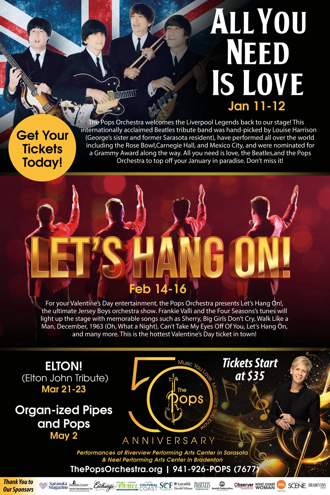 The Pops Orchestra features Grammy-nominated Liverpool Legends, handpicked by George Harrison’s sister. Enjoy iconic songs, authentic instruments, period costumes, and spot-on vocals in a Beatles tribute fans will never forget!