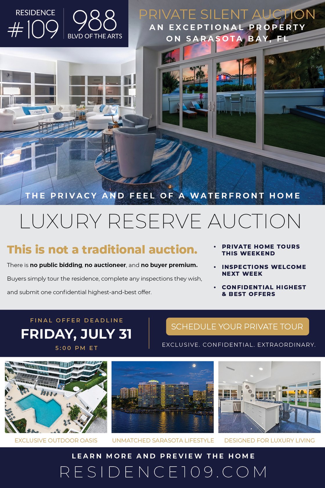 Promotional flyer for a Private Silent Auction of Residence #109 at 988 Blvd of the Arts, a luxury waterfront property on Sarasota Bay, FL. The main image features a spacious living room with polished tile floors and expansive glass doors opening to a scenic sunset patio. Text highlights that this is not a traditional auction, featuring no public bidding, no auctioneer, and no buyer premium. It outlines private home tours, inspections, and a confidential highest-and-best offer deadline of Friday, July 24 at 5:00 PM ET. Three lower images display an outdoor pool oasis, a coastal night view of the building, and a modern luxury kitchen. Learn more at Residence109.com.
