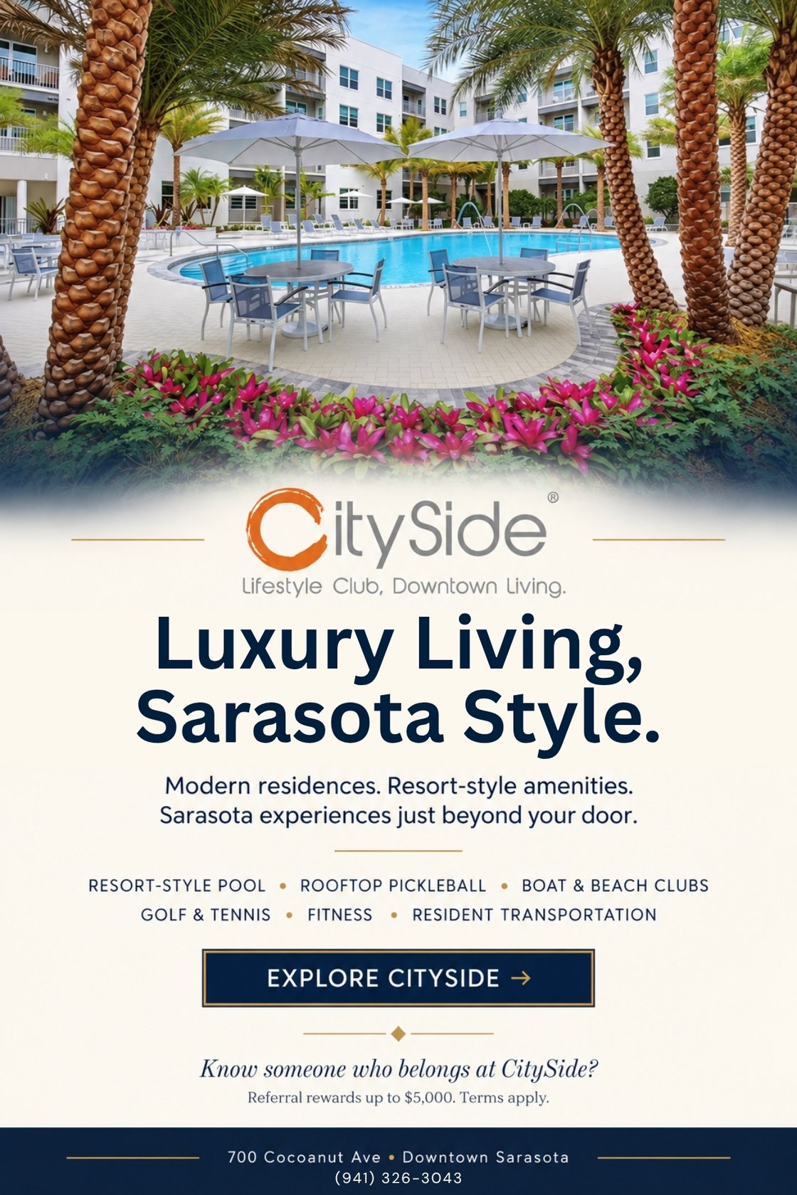 Discover luxury living at CitySide in downtown Sarasota, with a resort-style pool, rooftop pickleball, Boat and Beach Clubs, fitness, transportation, and referral rewards up to $5,000.