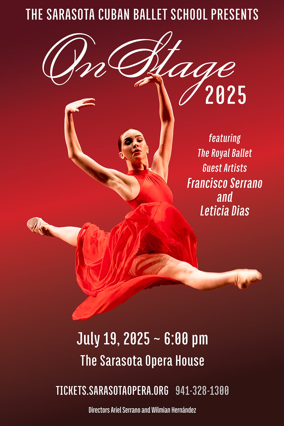 A female dancer leaps in the air with her red dress swirled around her. She is promoting On Stage 2025 on July 19, 2025 at 6:00 pm at the Sarasota Opera House.