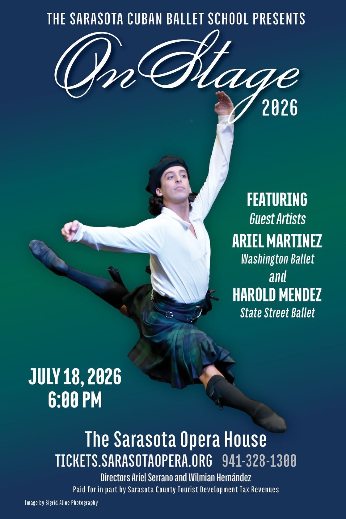 A male dancer in a kilt leaps in the air. He is promoting On Stage 2026 on July 18, 2026 at 6:00 pm at the Sarasota Opera House.