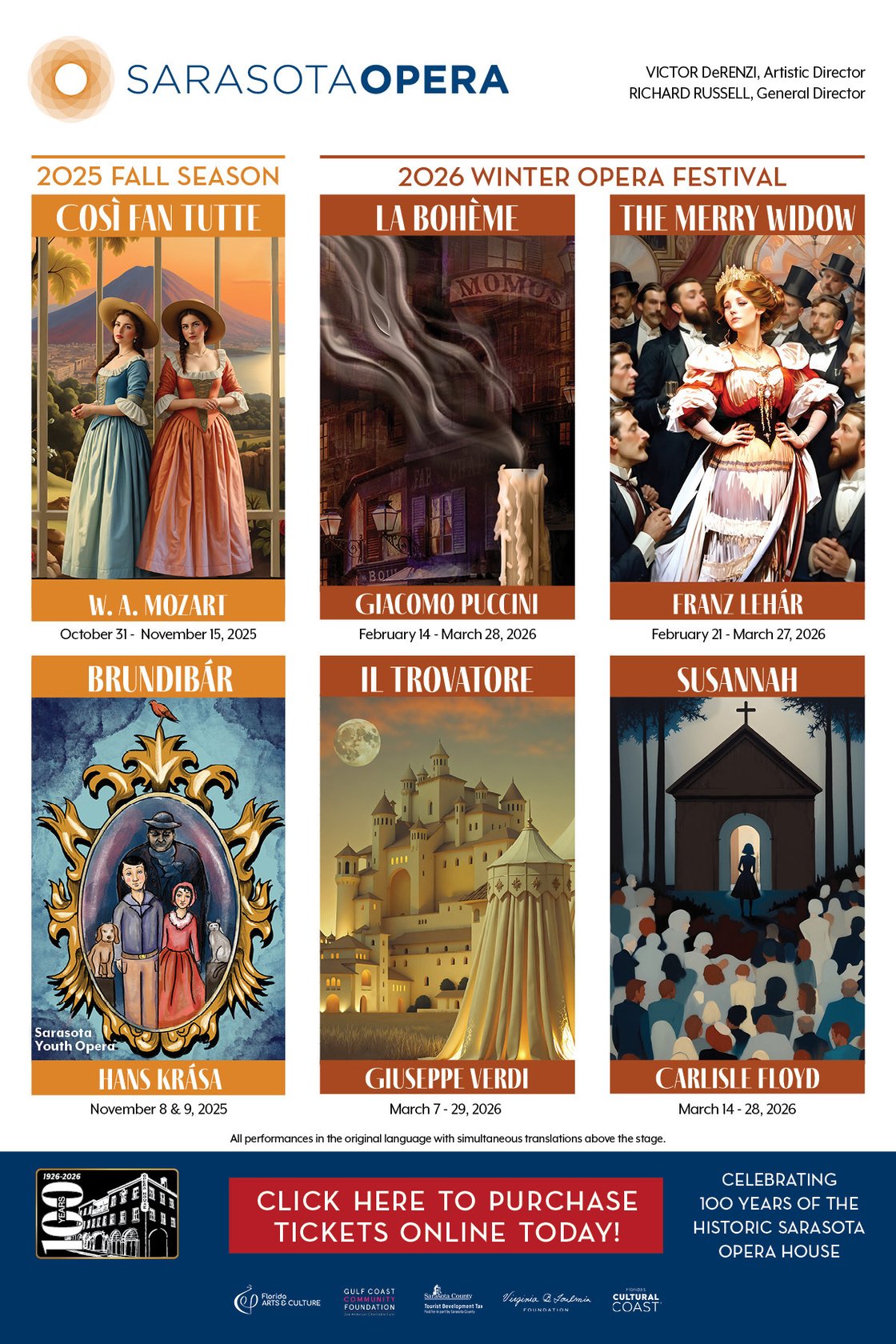 Tickets are on sale now for the 2025/2026 season at Sarasota Opera. Join us for a fantastic line-up of world-class opera productions and help us celebrate 100 years of the historic Sarasota Opera House.
