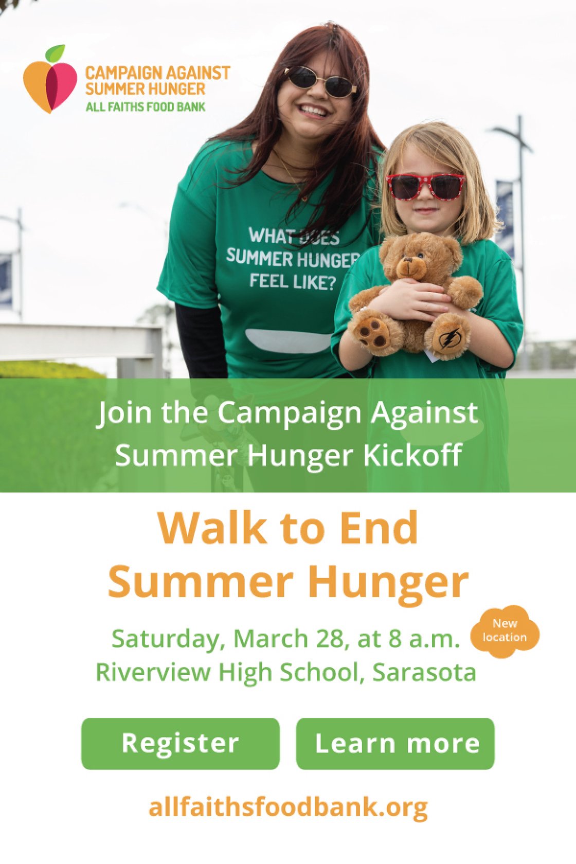 Participants smiling and walking at the Walk to End Summer Hunger to support All Faiths Food Bank’s Campaign Against Summer Hunger, which raises funds to feed children during the summer months when school is out.