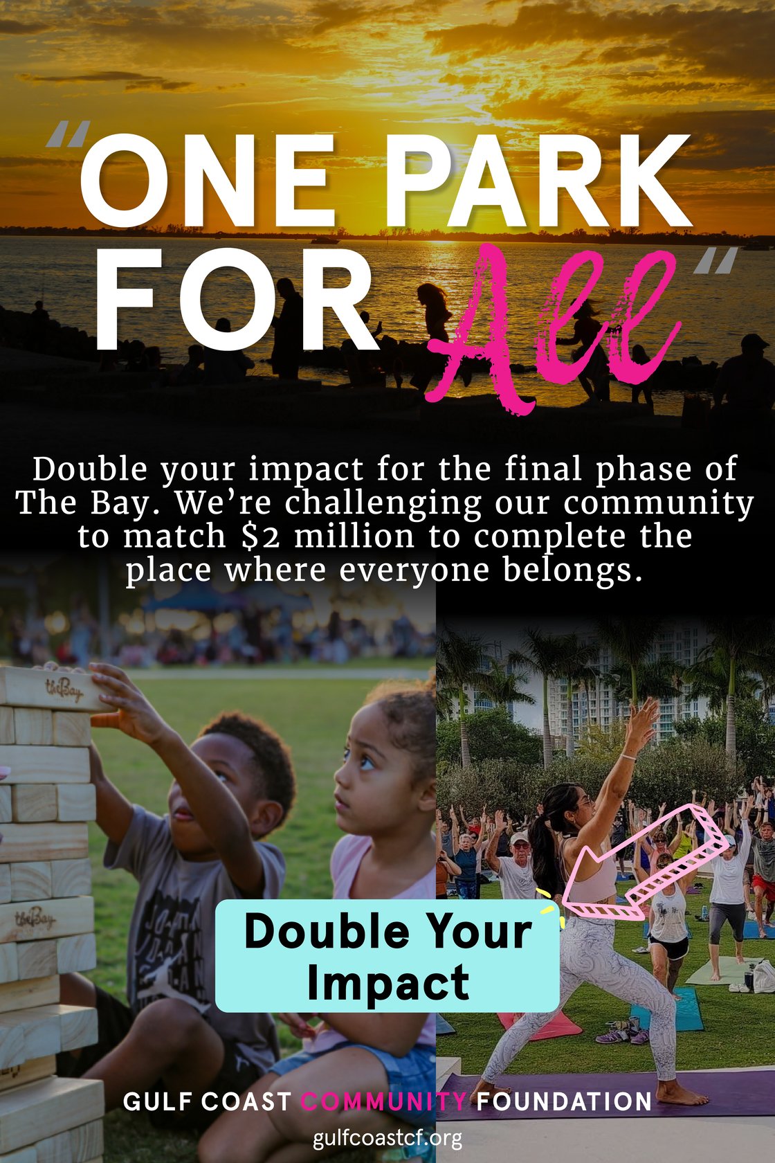 Double your impact for the final phase of The Bay. We're challenging our community to match $2 million to complete the place where everyone belongs.