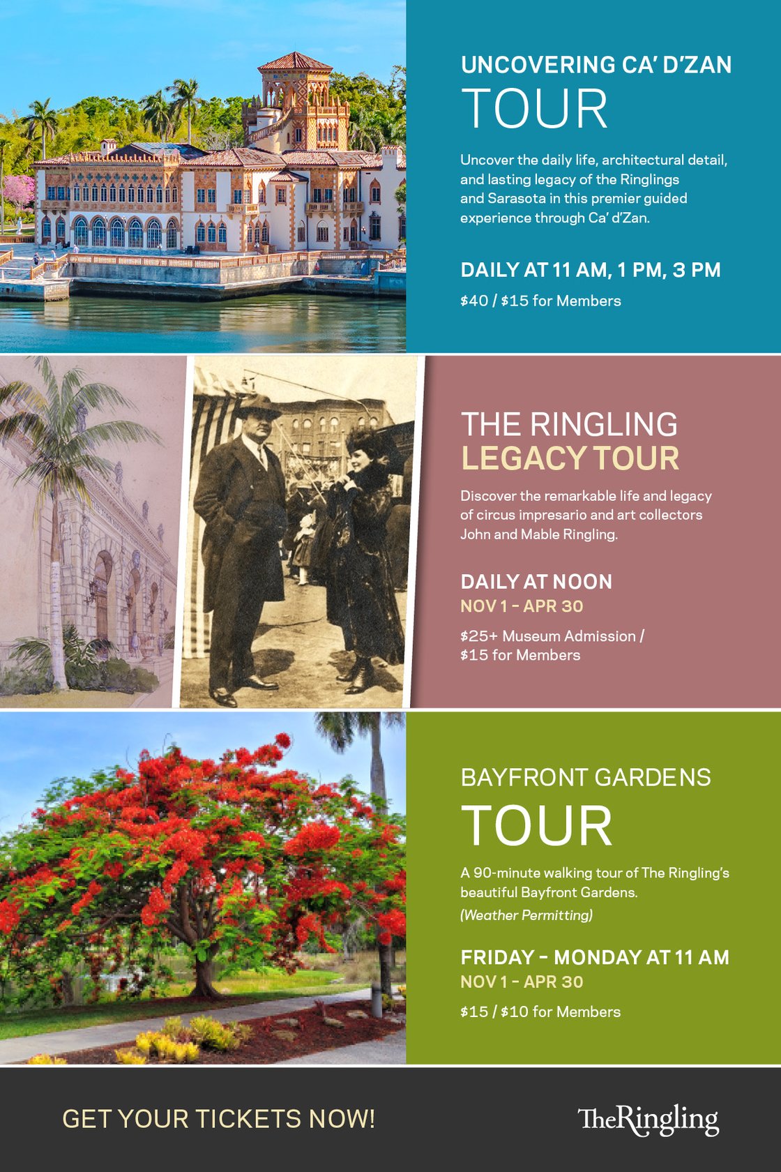 Guided tours at The Ringling include Uncovering Ca’ d’Zan Tour, The Ringling Legacy Tour, and Bayfront Gardens Tour, offering expert insight into historic architecture, museum history, and Sarasota’s scenic waterfront gardens.