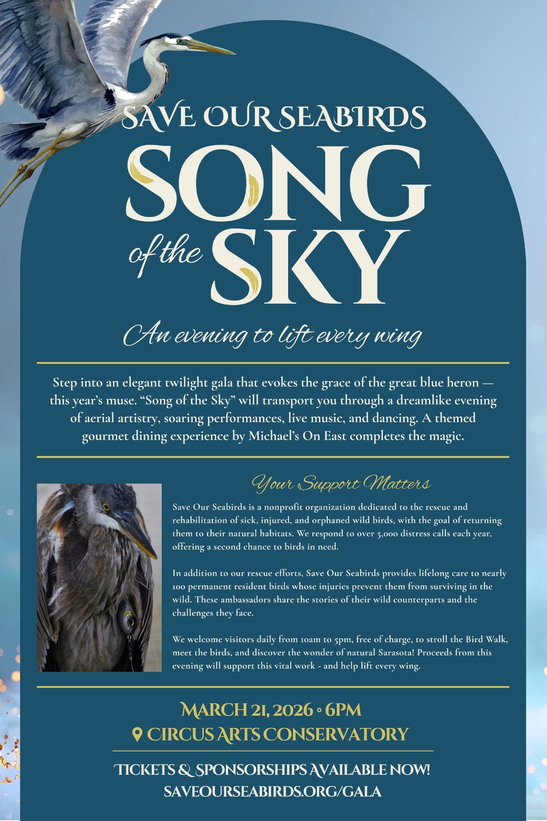 Save Our Seabirds presents Song of the Sky, a twilight gala benefiting wild bird rescue and rehabilitation. March 21, 2026 · 6PM · Circus Arts Conservatory. Tickets & sponsorships are available at SaveOurSeabirds.org/gala.