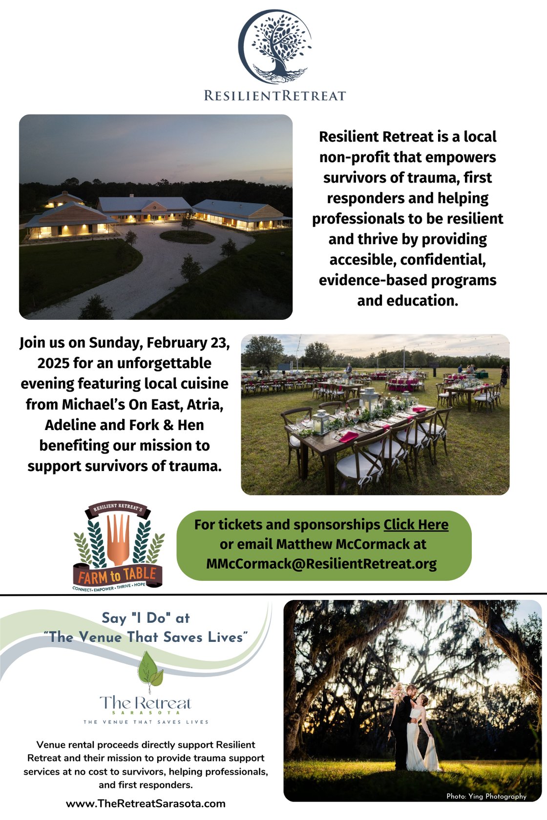 Images feature our Retreat Center located on our beautiful 84-acre conservation land, a sneak peak into Farm to Table and a wedding booked through The Retreat Sarasota whose venue rentals support Resilient Retreat.