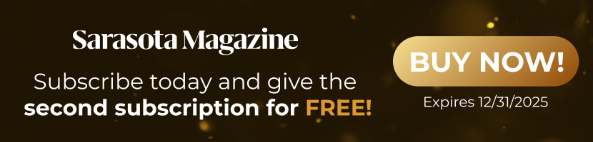 Sarasota Magazine Black Friday gift offer with magazine covers, gold bow, and 78% off promotional message. Subscribe and give a second subscription for free for just $35 for both. Visit https://subscribe.sarasotamagazine.com/SAR/?f=bogo
